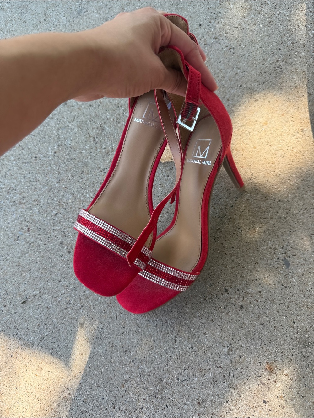 Material Girl Red Suede Rhinestone Slingback Heels